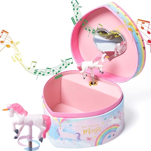 Jewelkeeper Music Jewelry Box for Girls – Unicorn Jewelry Box with Mirror, Twirling Figurine & Soft Flocked Lining – Heart-Shaped Kids Jewelry Box for Valentine’s Day Gifts