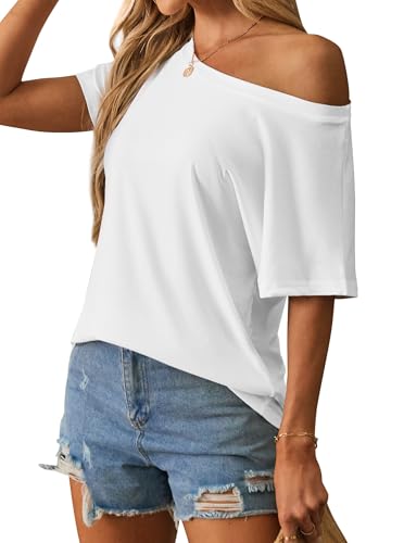 Image of Hilinker Womens Sexy Off The Shoulder Tops Short Batwing Sleeve T Shirt Oversized Casual Tee