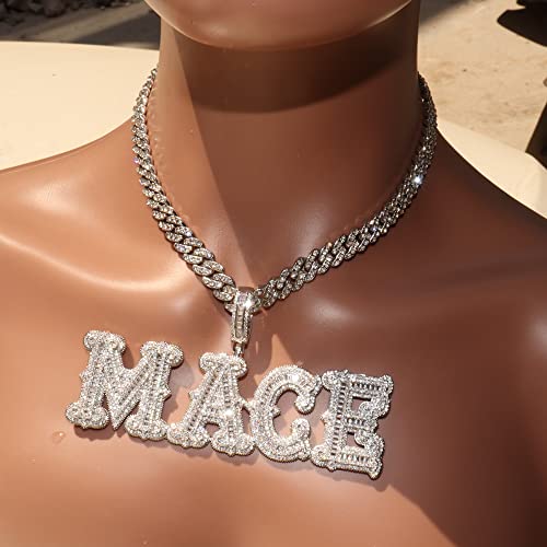 Hip Hop Custom Big Baguettes Letters Name Necklace With 9mm Cuban Link Chain VVS Clarity Cubic Zirconia Iced Out Personalized Name Pendants Charm Jewelry for Women Men3