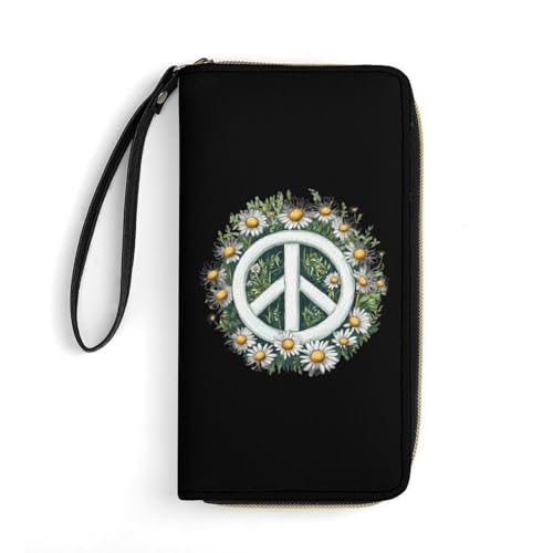 Daisy Peace Sign Flower Leather Wallets for Women Large Capacity Zip Pocket Wallet with Cord