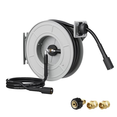 Image of Giraffe Tools Pressure Washer Hose Reel 65ft, Retractable Power Washer Hose Reel, Heavy Duty, Wall/Floor Mounted, 3200 PSI, Silver