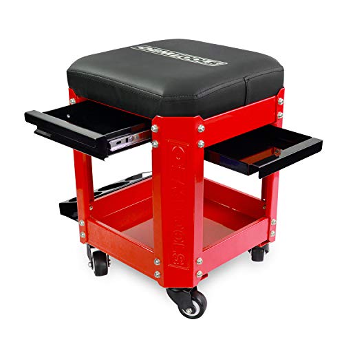 OEMTOOLS 24998 Red Rolling Workshop Mechanics Creeper Seat with 2 Tool Storage Drawers Under Seat, Parts Storage, & Can Holders, Rolling Stool for Mechanic Tools