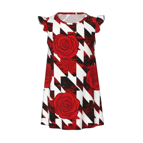 Augenstern Flutter Sleeve Nightgown Pajama Gown Red Rose Houndstooth Pattern Easy Pull-On Sleepwear Nightdress