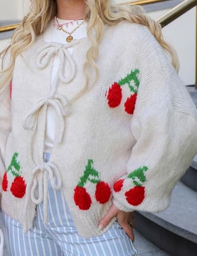 Image of FindThy Women's Tie Front Cardigan Sweater Cute Long Sleeve Crew Neck Bow Knot Knit Outwear