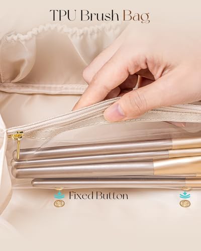 VLANDO Makeup Bag,Travel Toiletry Bag,Cosmetic Bag for Women PU Leather Portable Make up Bag for Skincare, Brushes & Travel Essentials-Toffee 0.53lbs