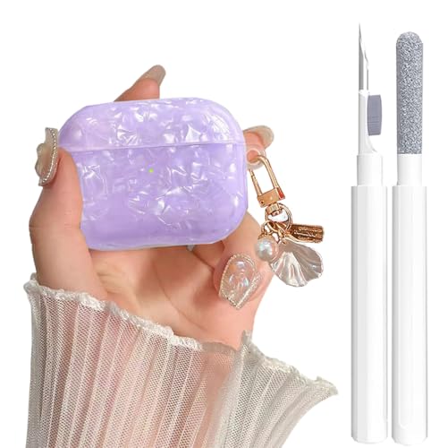Image of OTOPO for Cute Airpods Pro 3 Gen Case Girl Women 2025 with Cleaner Kit, Glitter Shell Pattern Apple iPod Pro 3rd Generation Protective Cover Skin with Pearl Shell Keychain, Purple