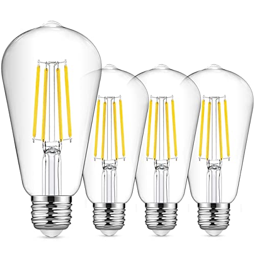 EXTRASTAR ST64 Vintage LED Light Bulbs 8W E27 Edison Screw, 950LM, Cool White 6500K Energy Saving Retro Bulb, Clear Glass, Non-Dimmable, Pack of 4