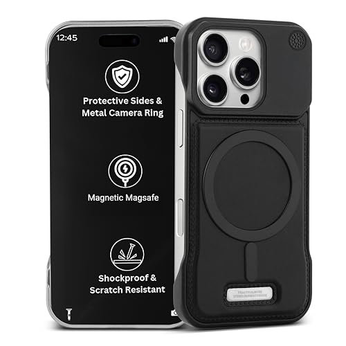 Image of Frameless Metal Case Compatible with MagSafe Luxury Aluminum Frame with PU Leather Finish Magnetic Ring with Wireless Charging Shockproof Premium Slim Case (Black, iPhone 14 PRO MAX)