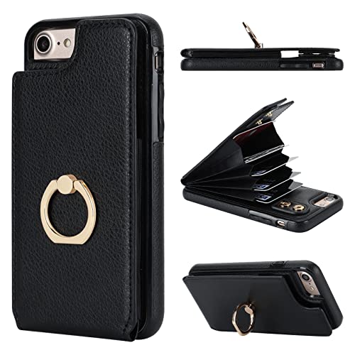 Folosu iPhone SE Wallet Case with Card Holder, 360 Rotation Ring Holder Kickstand, Protective RFID Blocking PU Leather Flip Shockproof Cover for 4.7 Inch Black