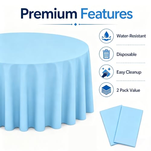 Image of WNINK 2 Pack Light Blue Round Tablecloth, 84 Inch Disposable Plastic Table Covers, Light Blue Round Table Cover for Birthday Parties, Holiday, Picnic, BBQ, Family Gathering Party Supplies