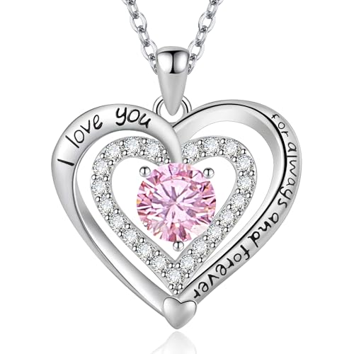 Yaumatea 'I Love You Forever Heart Necklace - October Tourmaline Birthstone Pendant - Created Pink...