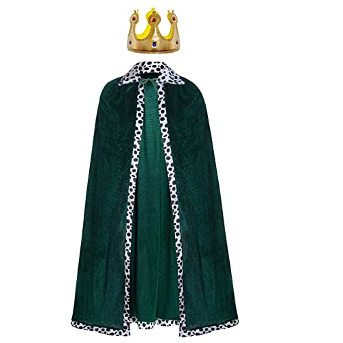 jerbro King's Robe Queen Coat Velvet Coat Costume + Crown King Queen for Women Men Halloween Adults Theme Party Theatre Fancy Dress Cosplay Carnival Fancy Dress Accessories (Green