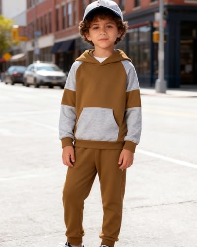 Image of 5-11Y Boys Clothes Long Sleeve Hooded Pullover Colorblock Sweatshirt + Pants 2pcs Fall Winter Outfit Set