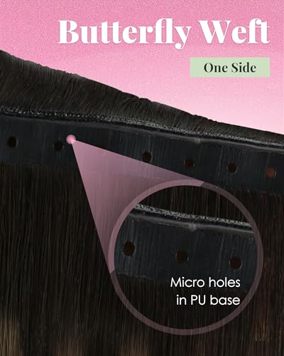 Image of YoungSee Butterfly Weft Hair Extensions, 80g 16 Inch Balayage Human Hair Butterfly Weft Extensions, Dark Brown Ombre Medium Brown with Blonde, Seamless PU Hole Weft Hair Extension for Women