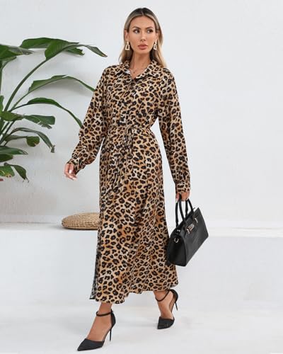 Women's Leopard Printed Maxi Dress Long Sleeve Button Down Shirt Dresses with Belt3