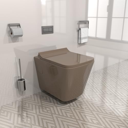 Image of B Backline Rimless Wall Hung Western Toilet Commode | Wall Mounted Water Closet with Soft Close Seat Cover | P Trap Outlet from Wall | Commode for Bathroom (Brown Glossy, 52 x 35 x 36 cm)