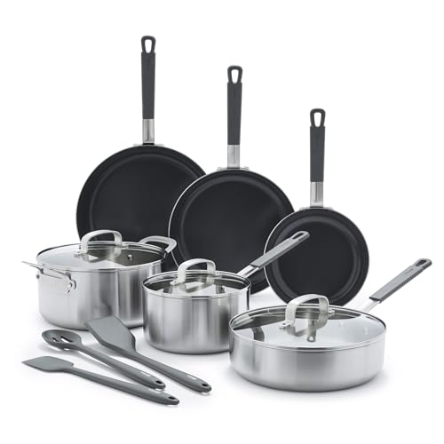 GreenPan x Bobby Flay Stainless Steel 12 Piece Cookware Pots & Pans Set, Professional Grade Tri-Ply, Multiclad, PFAS-Free Ceramic Nonstick, Induction Suitable, Dishwasher & Oven Safe,Stay Cool Handles