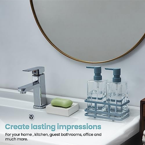Square Glass Clear Lotion And Soap Pump Dispenser Set With Metal Stand Caddy For Bathroom Bath Kitchen Home Office Travel Hotel Hand Crafted Heavy Weight (Spa Blue) #TOP4