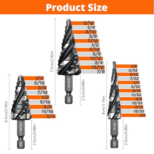 Image of Serplex 3Pcs HSS Spiral Flute Step Drill Bit Set 1 /8 inch-7 /8 inch, High-Speed Steel Cone Drill Bits with 1 /4 inch Hex Shank Multi-Size Drilling Tool for Metal, Wood, PVC & Sheet Metal, Deburring & DIY Projects