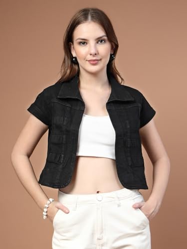 Image of Style Quotient Women Navy Blue Denim Open Front Regular Shrug