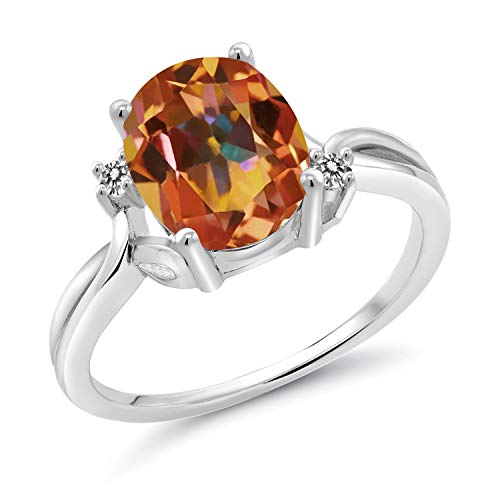 Gem Stone King 925 Sterling Silver Ecstasy Mystic Topaz and White Diamond 3 Stone Ring For Women (3.23 Cttw, Oval 10X8MM, Gemstone Birthstone, Available In Size 5, 6, 7, 8, 9)