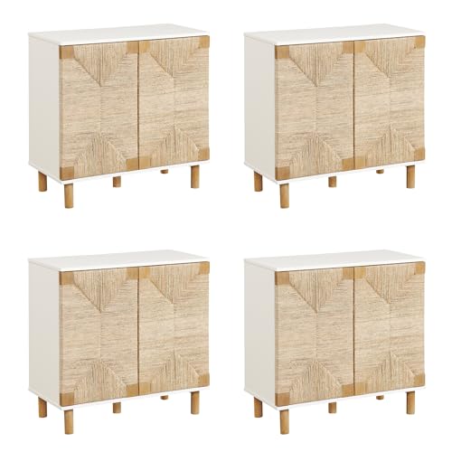 Image of Nathan James Beacon Accent Natural Sideboard Storage Cabinet TV Stand with Adjustable Interior Shelf and Seagrass Doors, for Hallway, Entryway or Dining Room, Light Brown /White, Set of 4