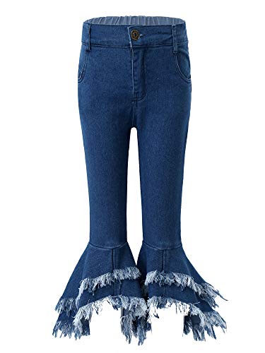 Kids Girls Tassel Flared Jeans Ribbed Bell-Bottom Denim Pants Fashion Vintage Latin Jazz Dance Legging Trousers