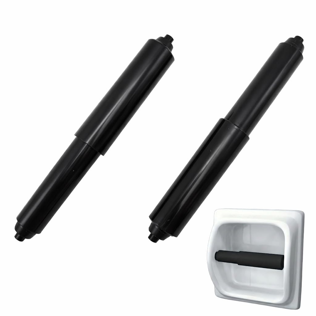 2Pcs Toilet Roll Holder Black – Spring Loaded Plastic Toilet Paper Holder Replacement Roller Spindle Insert Rod for Bathroom WC – Easy Fit Toilet Tissue Holder Spare Part for Standard Toilet Rolls