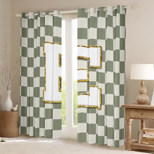 Image of Erosebridal Sage Green Checkered Window Curtains 52 inch Wx84 L Plaid Initial E Blackout Curtains for Bedroom Living Room,Personalized Monogram Window Treatments Grids Gingham Drapes Decor 2 Panels