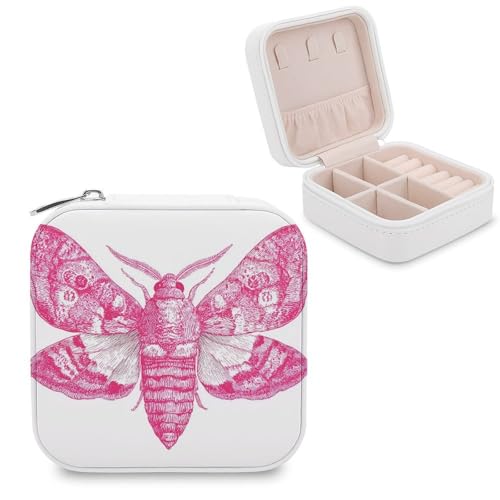 Jubonexis Joyero pequeño con diseño de polilla dibujada a mano en color rosa, organizador de joyas portátil de piel sintética, mini estuche de viaje