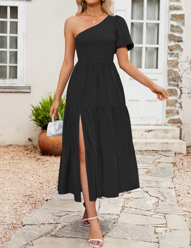 ZESICA Women's Boho Summer One Shoulder Short Sleeve Smocked Side Split Ruffle Swing Midi Dress3