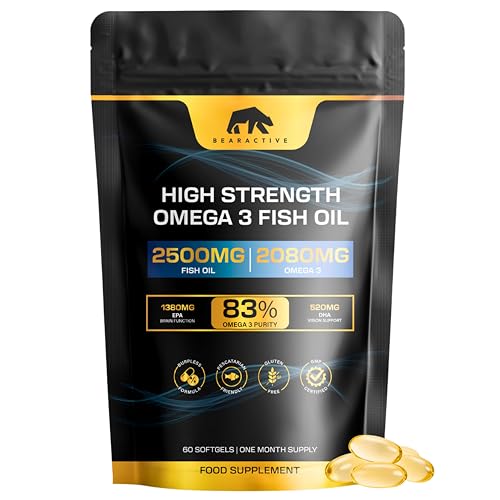Omega 3 Capsules High Strength Fish Oil 2500mg – 2080mg – 83% Omega-3 (1380 EPA & 520 DHA) – Burpless Pescatarian Softgels for Heart, Brain, Eyes & Joints – 60 Softgels