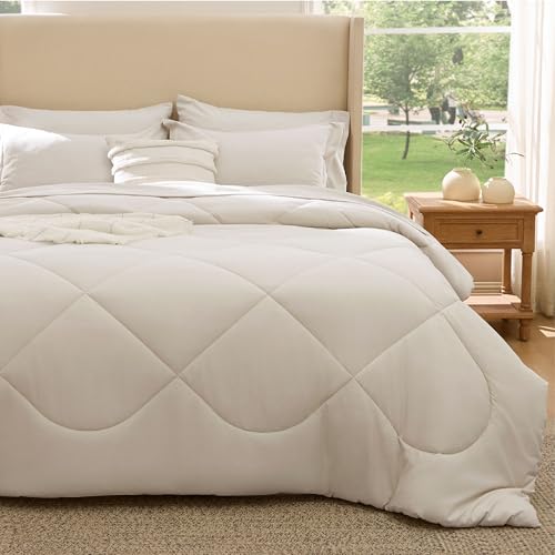 Image of Bedsure 7 Pieces Full Comforter Set Premium Series, Hotel Luxury Soft Bed in a Bag, Goose Down Alternative, Safe for Sensitive Skin Bedding Comforter All Season Medium Warmth, Beige Wavy Quilted