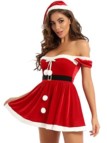 Alvivi Damen Weihnachten Kostüm Nikolaus Weihnachtsfrau Kostüm Miss Santa Kleid Weihnachtskleider Sexy Minikleid Partykleid B Rot S
