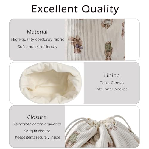 Aesthetic Corduroy Drawstring Makeup Bag, Cute Coquette Drawstring Cosmetic Bag with Canvas Lining, Bear Pattern Travel Makeup Organizer Case for Women Girls (05 Great Bear)4