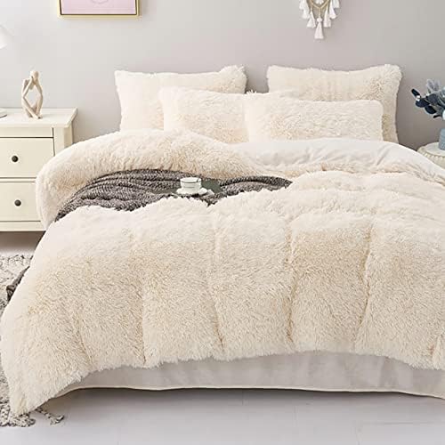 Michorinee Flauschige Plüsch Bettwäsche 135x200 Winter Bettbezug Creme Weiß | Warme Winterbettwäsche mit Reißverschluss, ÖKO-TEX, Flausch Langhaar Kunstfell, Coral Fleece, mit Kiss