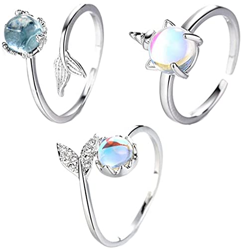 Glecxuy 3 anillos de sirena ajustables, anillo de luna de sirena, plata y cristal, sirena,...