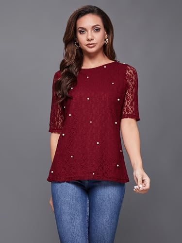 Image of Miss Chase Women's Round Neck Half Sleeves Cotton Lace and Pearl Detailing