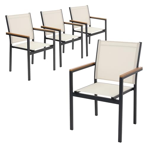 ML-Design Juego 4X Sillas de Jardín Beige Asiento de Textilene para Terraza, Aspecto Madera y Estructura de Aluminio con Reposabrazos y Respaldo Mueble Apliable Resistente a la Intemperie