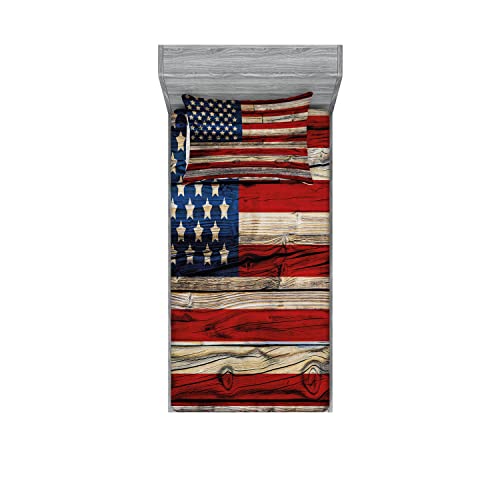 Ambesonne 4th of July 2 Pack Fitted Sheet & Pillow Sham Set, Wood Planks Flag, 4 Pcs Bedding Decor, Package Contains 2 Twin Size Fitted Sheets & 2 Pillow Covers, Red Beige Navy Blue