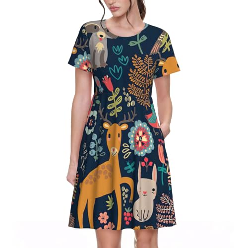 Robe d'été manches courtes femme imprimé hibou et faune