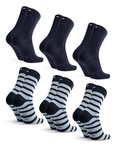 DANISH ENDURANCE Calcetines de Algodón Orgánico, Suaves, Transpirables, Hombre y Mujer, 6 Pack Multicolor (3x Negro, 3x Rayas Negras) 43-47