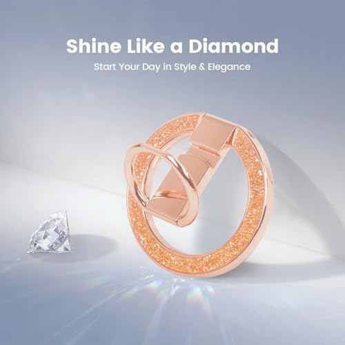 Phone Ring Grip, Magnetic Phone Ring Stand,Ultra Thin Phone Kickstand with Finger Loop, Phone Grip Holder for Mag Safe iPhone 16/15/14/13/12 Series (Rose Gold Diamond)
