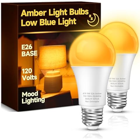 UNILAMP Sleep aid Light Bulb, 9W Amber Warm Light Bulbs 1800K, Blue Light Blocking Dim Light Bulbs 60W Equivalent, Mood Soothing Light, E26 for Bedroom and Baby Nursery Light, 2 Pack Cover