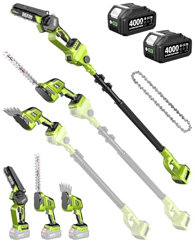 Supstable Kit de Jardin 6-en-1 Sans Fil : Mini Tronçonneuse & Taille-haie, Élagueuse télescopique avec 2×4000mAh batteries, portée jusqu’à 4,57 m –...