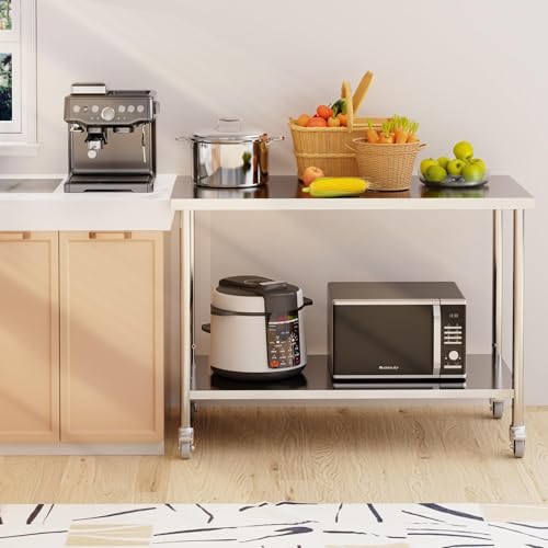 Image of Garvee Stainless Steel Table, 60 inch x 24 inch, 2 Tier Lockable Wheels Prep Table | Adjustable Under Shelf, Heavy Duty Commercial Worktable for Restaurant, Home, Kitchen, Indoor, Outdoor, NSF