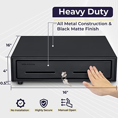 16” Manual Push Open Cash Register Drawer For Point Of Sale (Pos) System, Black Heavy Duty Till With 5 Bills/8 Coin Slots, Key Lock With Fully Removable Money Tray And Double Media Slots #TOP1