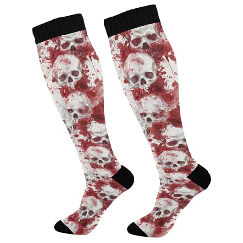 ALAZA Athletic Compression Socks Knee High Socks Stockings for Women Skeleton Rose Scarlet Running Circulation Sport Football