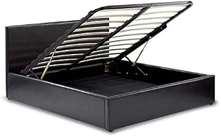 Modernique® BLACK 4ft6 Double Storage Ottoman Gas Lift Up Bed Frame, Massive Storage Underneath Faux Leather High Headboard Bed, Sprung Wooden Slats Base