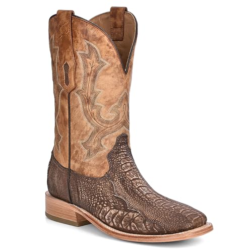 CORRAL MEN'S BROWN/SAND OSTRICH LEG EMBROIDERY WIDE SQ. TOE RODEO COLLECTION, LEATHER WITH RUBBER INSERT SOLE, WESTERN A42892
